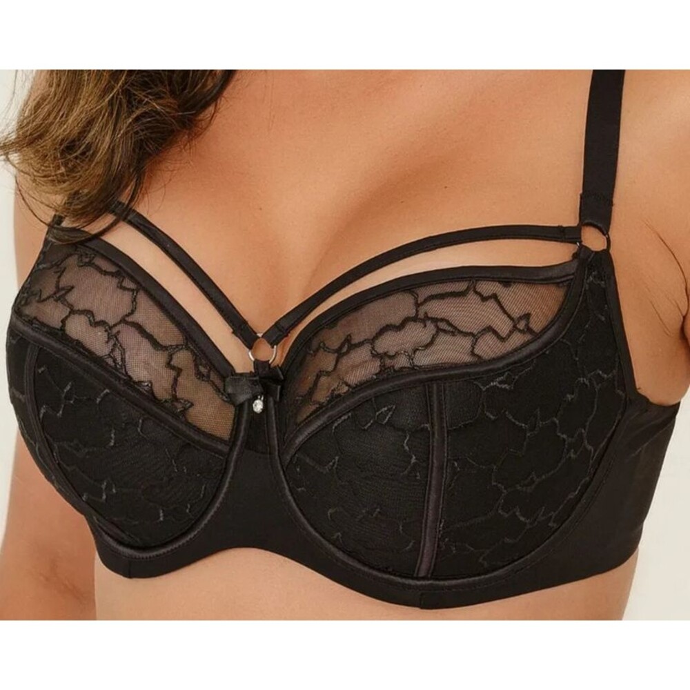 40 D Bra Black Mesh Lace Underwire Bra Strappy Full Coverage Semi Padded Comfy
